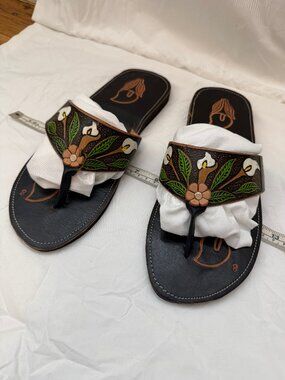 Artisan Mexican Calla Lily Hand-Tooled & Hand-Painted Genuine Leather Sandals —